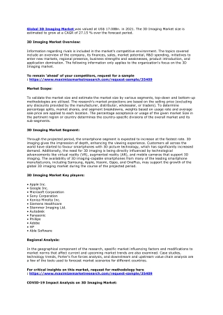 3D Imaging Market (2022 to 2029) – Growth, Trends, COVID-19 Impact and Forecasts