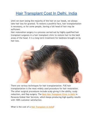 Hair Transplant Cost In Delhi, India