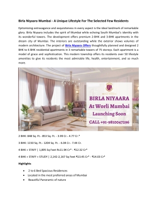 Birla Niyaara Mumbai - A Unique Lifestyle For The Selected Few Residents