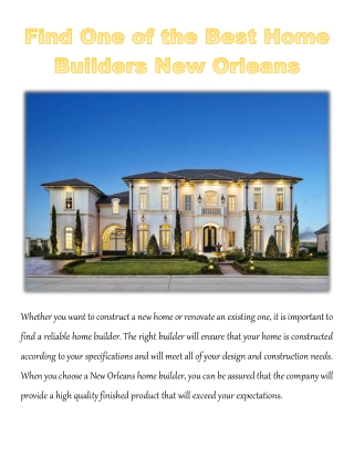 Find One of the Best Home Builders New Orleans