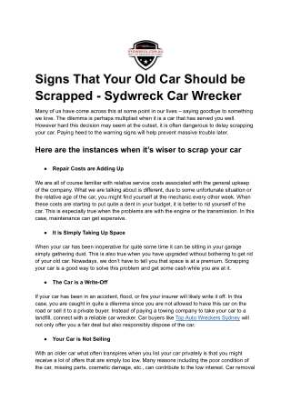 Signs That Your Old Car Should be Scrapped - Sydwreck Car Wrecker