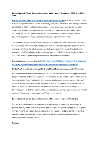 Europe Electronic Clinical Outcome Assessment (eCOA) Market Growing at a CAGR of 16.30 by 2028