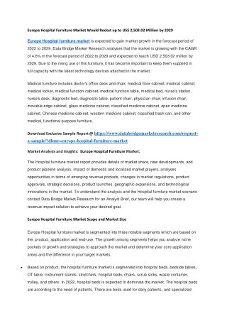 Europe Hospital Furniture Market Would Rocket up to US 2,503.02 Million by 2029