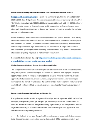 Europe Health Screening Market Would Rocket up to US 141,824.23 Million by 2029