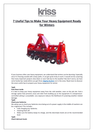 7 Useful Tips to Make Your Heavy Equipment Ready for winters