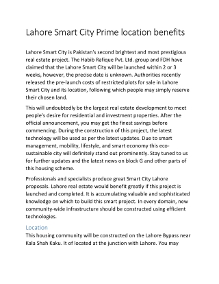 Lahore Smart City Prime location benefits