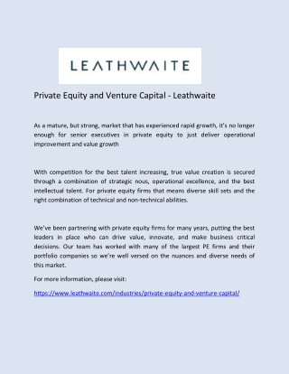Private Equity and Venture Capital - Leathwaite