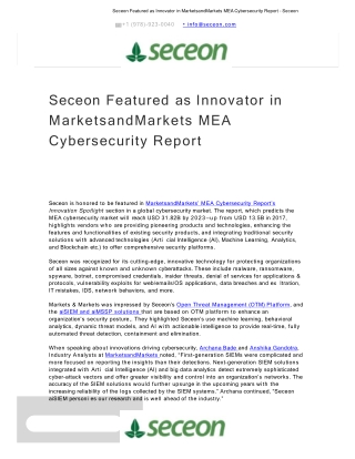 Seceon Featured as Innovator in MarketsandMarkets MEA Cybersecurity Report - Seceon