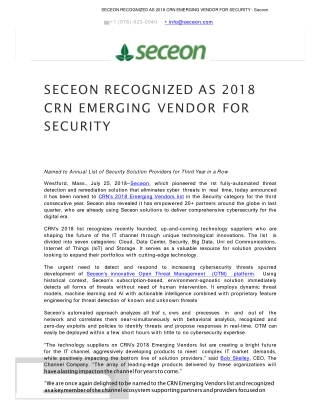 SECEON RECOGNIZED AS 2018 CRN EMERGING VENDOR FOR SECURITY - Seceon