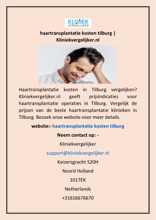 haartransplantatie kosten tilburg | Kliniekvergelijker.nl