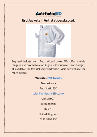 Esd Jackets | Antistaticesd.co.uk