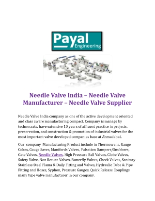 Needle Valve India payal