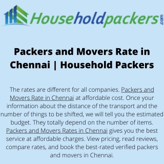 Packers and Movers Rate in Chennai  Household Packers