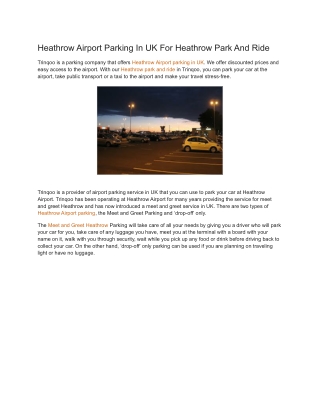 Heathrow Airport Parking In UK For Heathrow Park And Ride