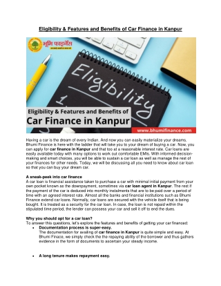 Eligibility & Features and Benefits of Car Finance in Kanpur