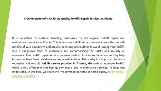 5 Common Benefits Of Hiring Quality Forklift Repair Services In Atlanta