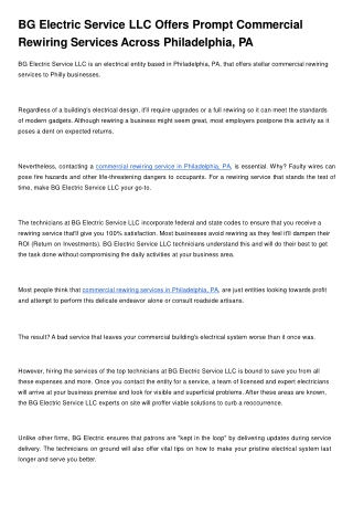 BG Electric Service LLC Offers Prompt Commercial Rewiring Services Across Philadelphia, PA