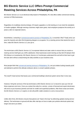 BG Electric Service LLC Offers Prompt Commercial Rewiring Services Across Philadelphia, PA