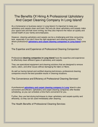 The Benefits Of Hiring A Professional Upholstery And Carpet Cleaning Company In Long Island