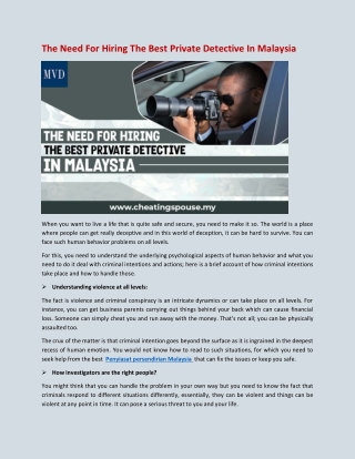 The Need For Hiring The Best Private Detective In Malaysia