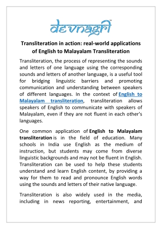 Transliteration in action real-world applications of English to Malayalam Transliteration