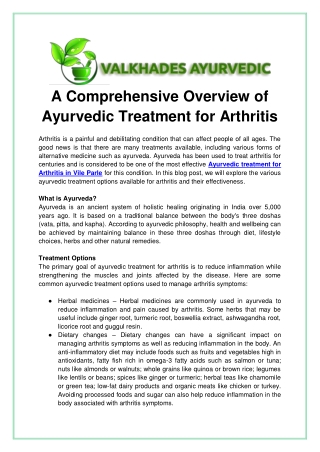 A Comprehensive Overview of Ayurvedic Treatment for Arthritis