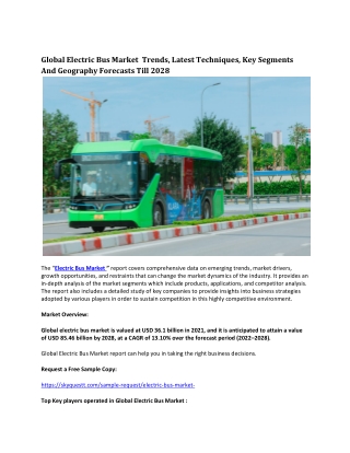 Global Electric Bus Market  Trends, Latest Techniques, Key Segments .