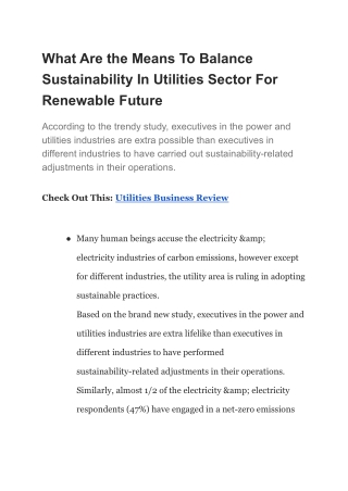 What Are the Means To Balance Sustainability In Utilities Sector For Renewable Future