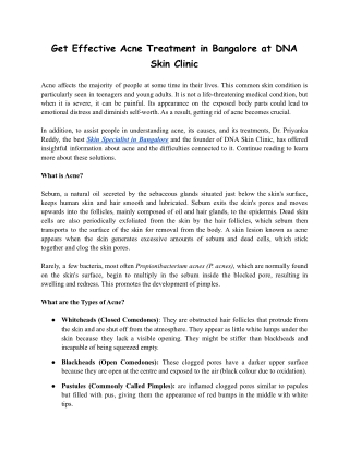 Get Effective Acne Treatment in Bangalore at DNA Skin Clinic