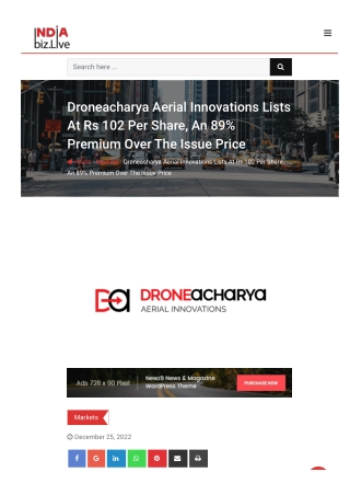 Droneacharya Aerial Innovations Lists At Rs 102 Per Share, An 89% Premium Over The Issue Price