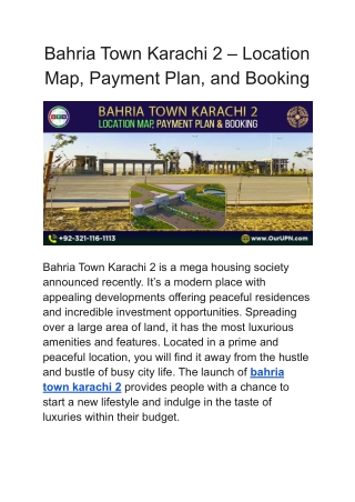 Bahria Town Karachi 2 – Location Map, Payment Plan, and Booking