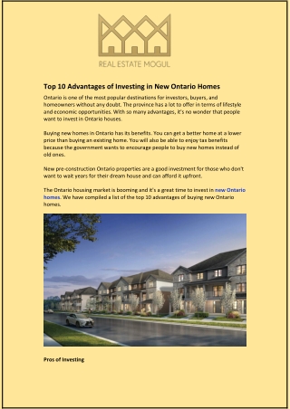 Top 10 Advantages of Investing in New Ontario Homes