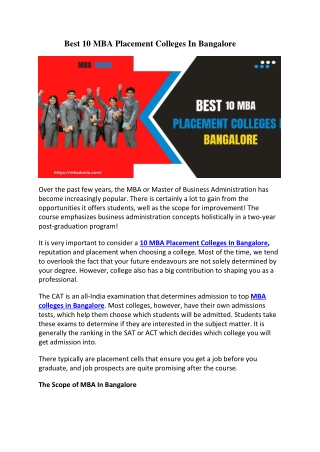 Best 10 MBA Placement Colleges In Bangalore