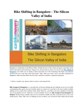 Bike Shifting in Bangalore - The Silicon Valley of India
