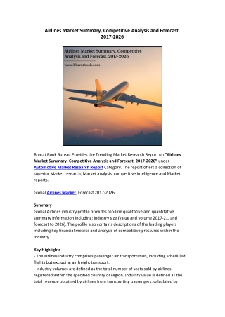 Airlines Market Summary, Competitive Analysis and Forecast, 2017-2026
