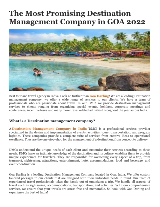 The Most Promising Destination Management Company in GOA 2022