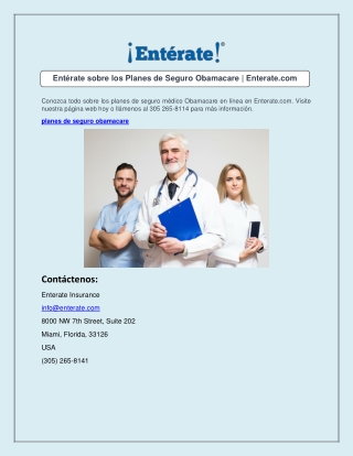 Entérate sobre los Planes de Seguro Obamacare  Enterate.com