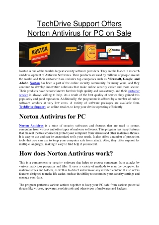 TechDrive Support Offers Norton Antivirus for PC on Sale