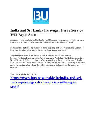 India and Sri Lanka Passenger Ferry Service Will Begin Soon