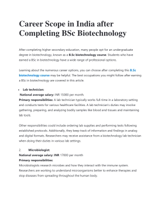 Career Scope in India after Completing BSc Biotechnology