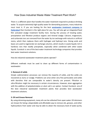 How Does Industrial Waste Water Treatment Plant Work