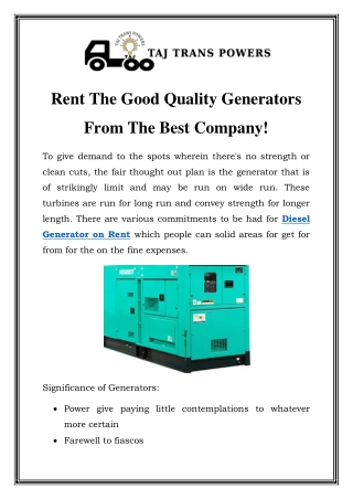 Diesel Generator On Rent In Mumbai Call-9820640061