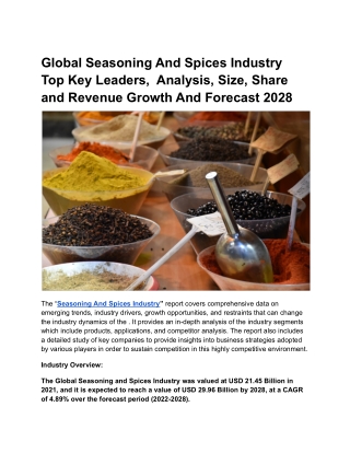 Global Seasoning And Spices Industry Top Key Leaders,  Analysis, Size, Share .