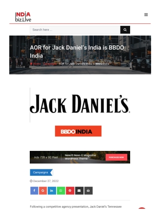 AOR for Jack Daniel's India is BBDO India