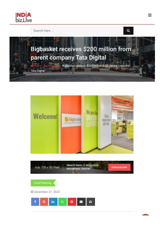 FUNDING Bigbasket receives $200 million from parent company Tata Digital 