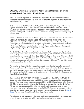 SGGSCC Encourages Students About Mental Wellness on World Mental Health Day 2020