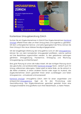 Kostenloser Preisvergleich Umzug Zürich