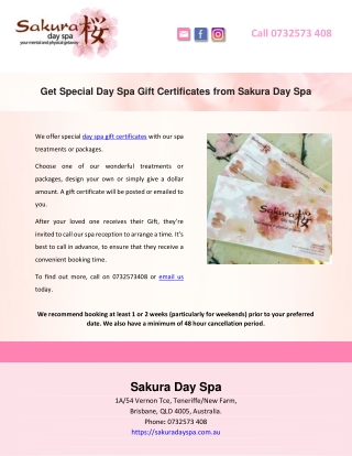 Get Special Day Spa Gift Certificates from Sakura Day Spa
