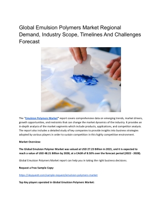Global Emulsion Polymers Market Regional Demand, Market Scope, Timelines .