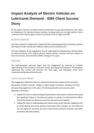 Impact Analysis of Electric Vehicles on Lubricants Demand - IEBS Client Success Story